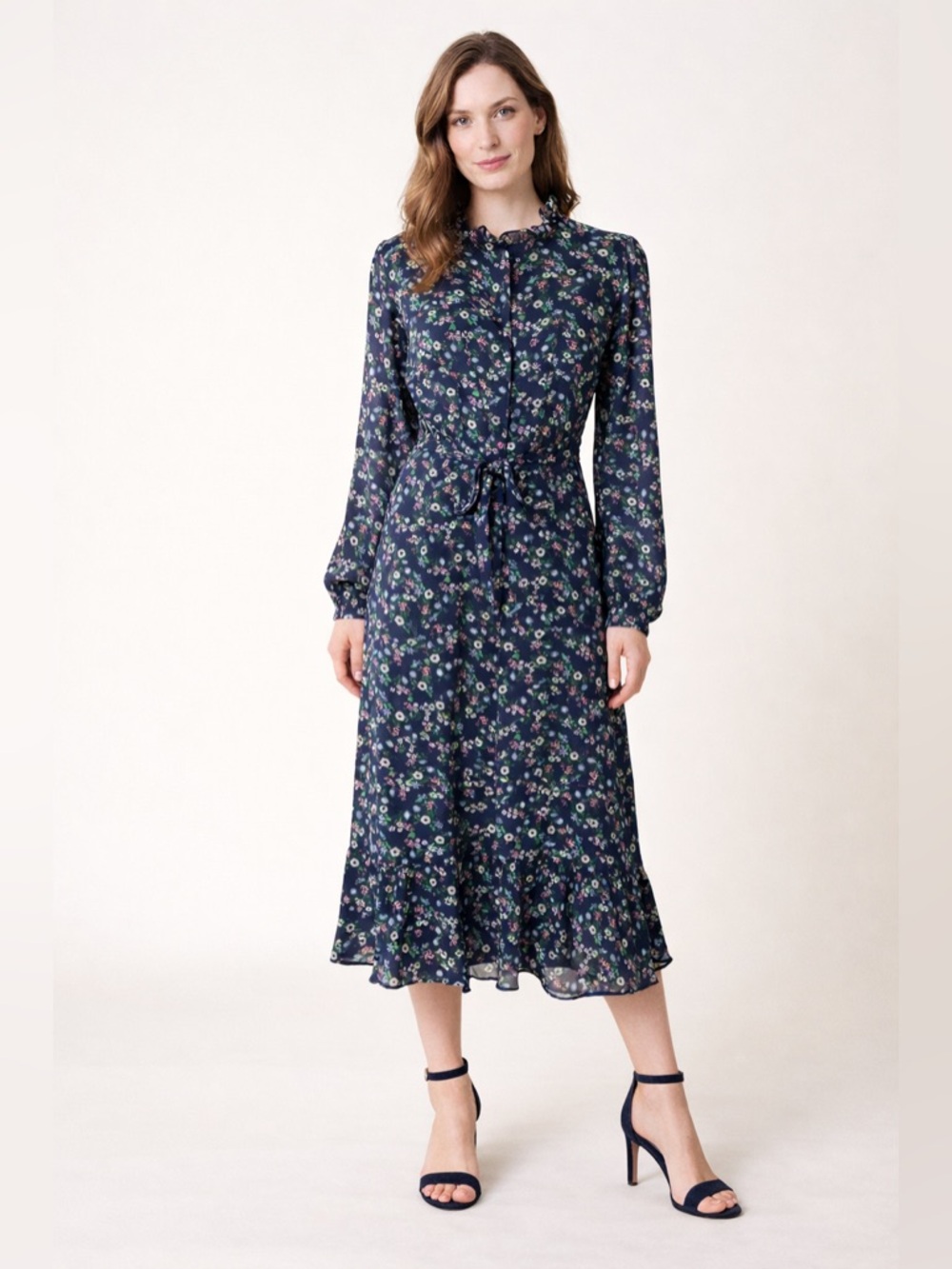 Banana Republic Floral Ruffle Neck Midi Dress Navy Long Sleeve Belted Size 10
